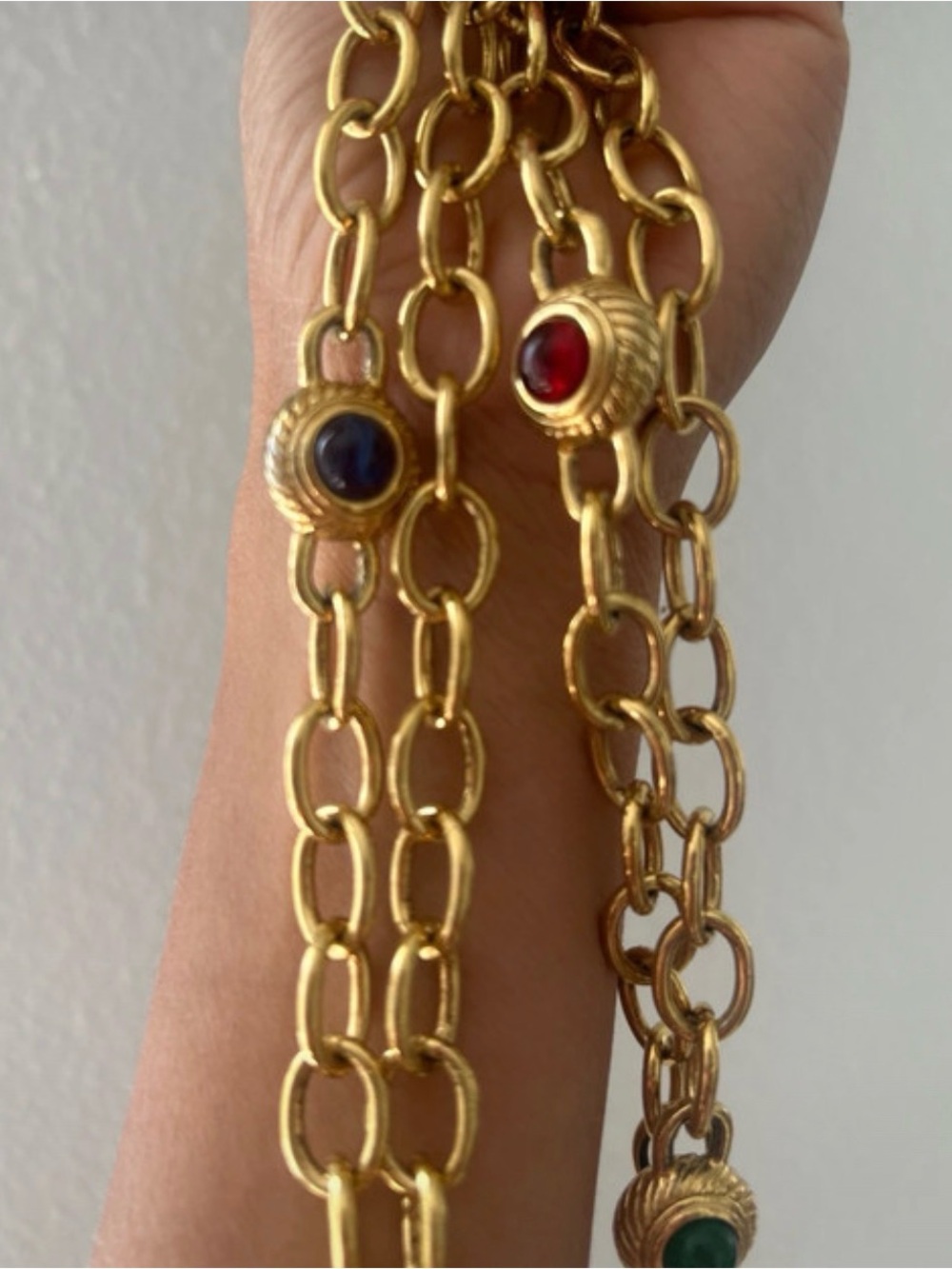 Gold Chain Necklace with Red, Blue, and Green Cabochons vintage india gripoix